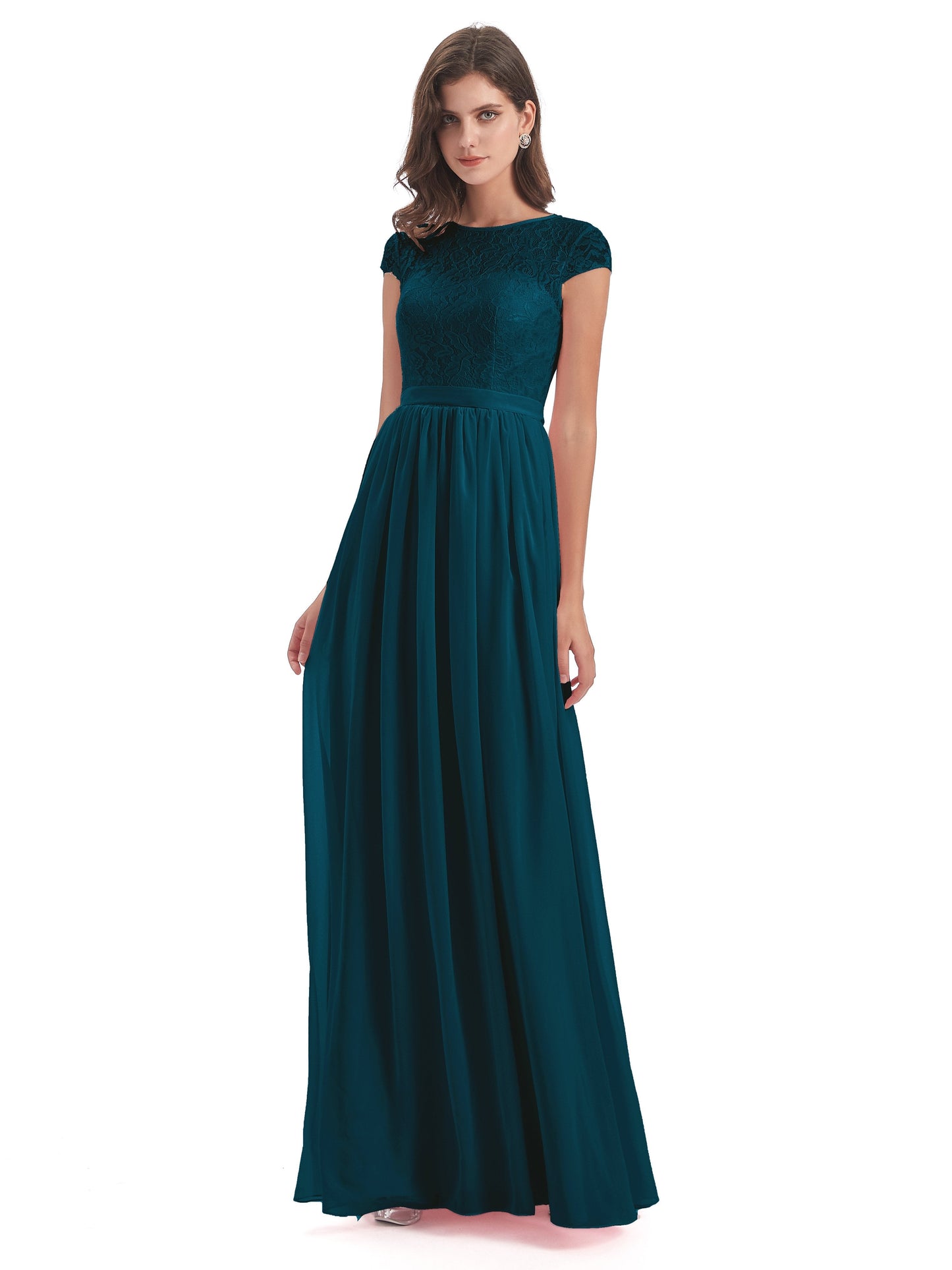 Yamileth A-line Floor Length Cap Sleeves Illusion Neckline Lace/Chiffon Long Bridesmaid Dresses