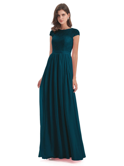 Yamileth A-line Floor Length Cap Sleeves Illusion Neckline Lace/Chiffon Long Bridesmaid Dresses
