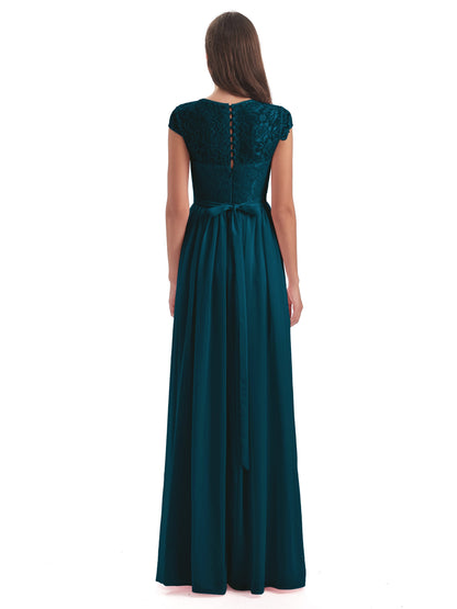Yamileth A-line Floor Length Cap Sleeves Illusion Neckline Lace/Chiffon Long Bridesmaid Dresses