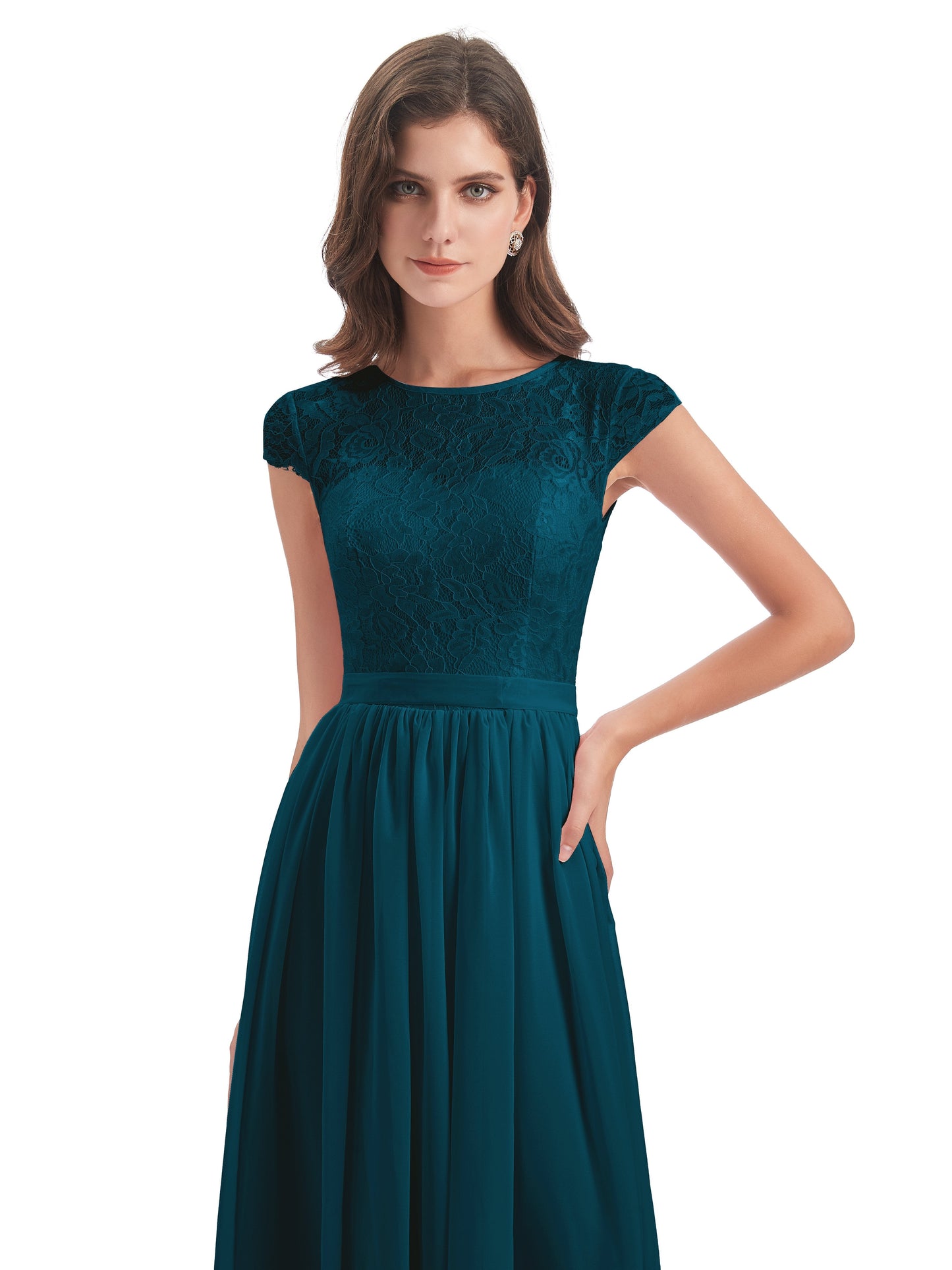 Yamileth A-line Floor Length Cap Sleeves Illusion Neckline Lace/Chiffon Long Bridesmaid Dresses