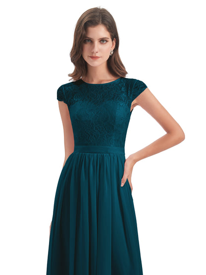 Yamileth A-line Floor Length Cap Sleeves Illusion Neckline Lace/Chiffon Long Bridesmaid Dresses
