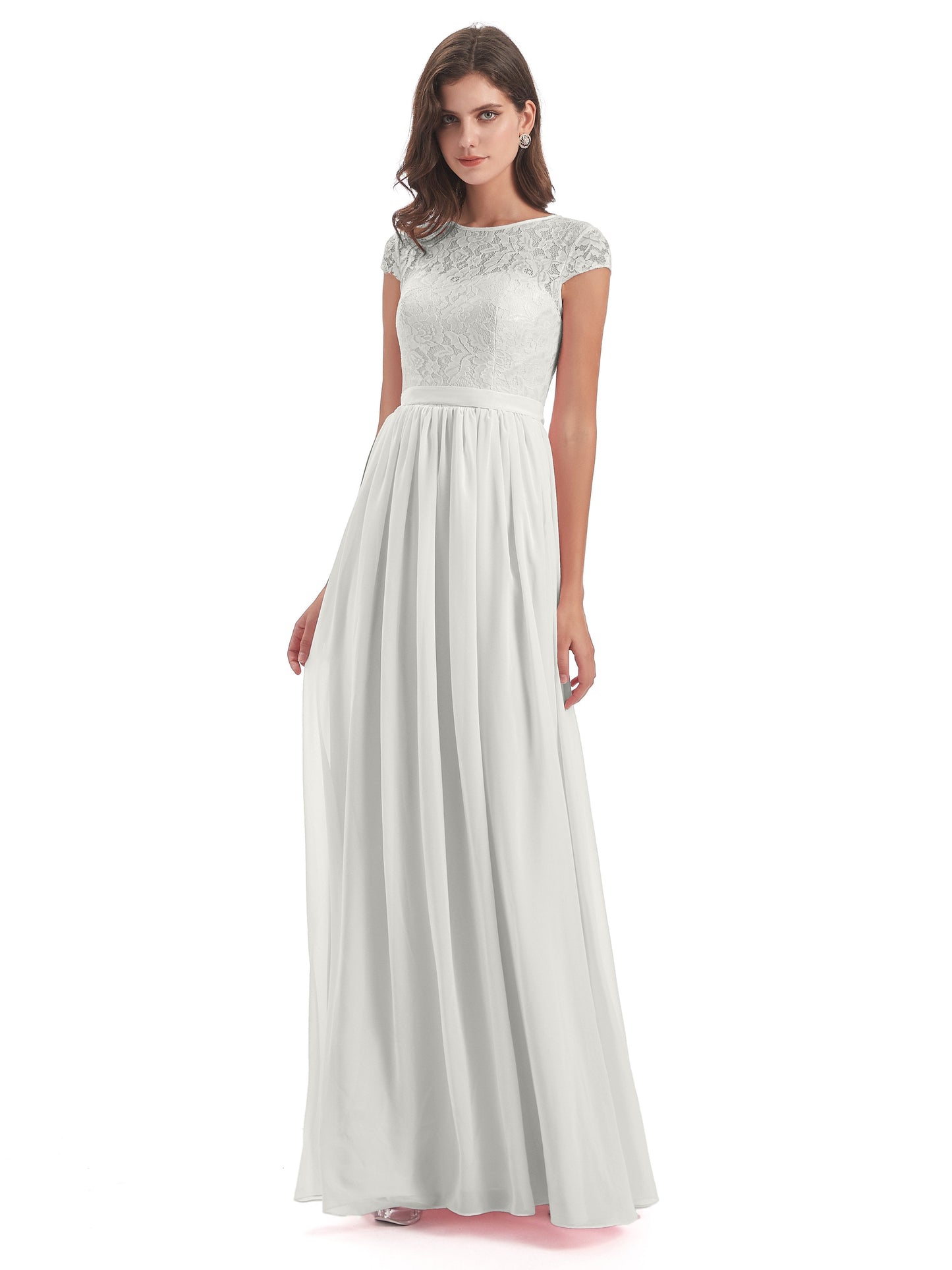 Yamileth A-line Floor Length Cap Sleeves Illusion Neckline Lace/Chiffon Long Bridesmaid Dresses