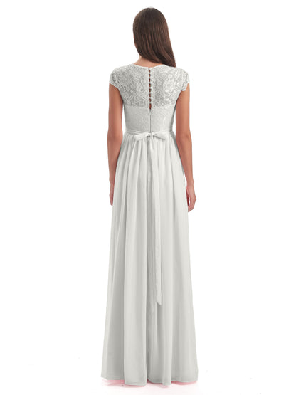 Yamileth A-line Floor Length Cap Sleeves Illusion Neckline Lace/Chiffon Long Bridesmaid Dresses