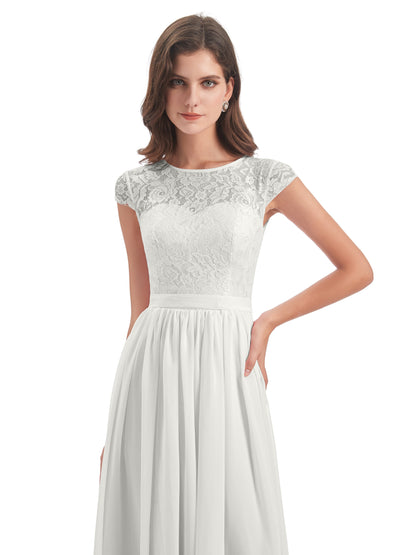 Yamileth A-line Floor Length Cap Sleeves Illusion Neckline Lace/Chiffon Long Bridesmaid Dresses