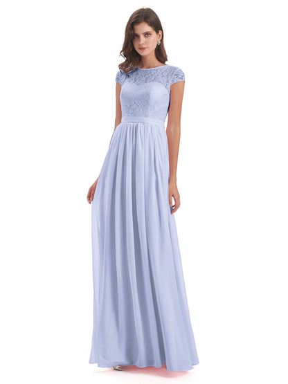 Yamileth A-line Floor Length Cap Sleeves Illusion Neckline Lace/Chiffon Long Bridesmaid Dresses