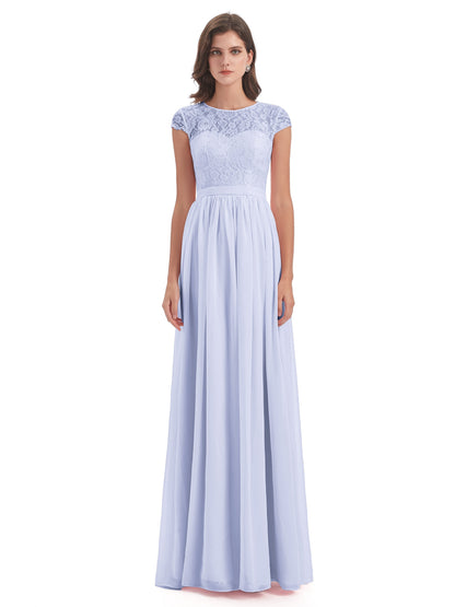 Yamileth A-line Floor Length Cap Sleeves Illusion Neckline Lace/Chiffon Long Bridesmaid Dresses