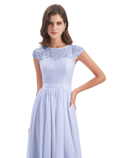 Yamileth A-line Floor Length Cap Sleeves Illusion Neckline Lace/Chiffon Long Bridesmaid Dresses