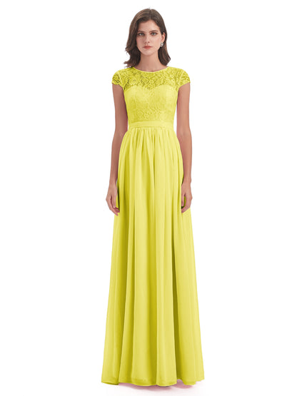 Yamileth A-line Floor Length Cap Sleeves Illusion Neckline Lace/Chiffon Long Bridesmaid Dresses