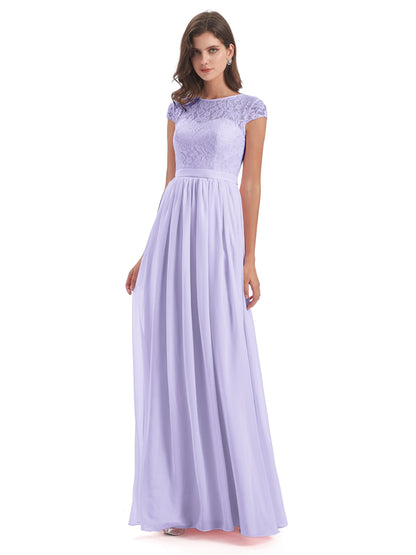 Yamileth A-line Floor Length Cap Sleeves Illusion Neckline Lace/Chiffon Long Bridesmaid Dresses