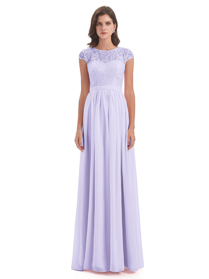 Yamileth A-line Floor Length Cap Sleeves Illusion Neckline Lace/Chiffon Long Bridesmaid Dresses