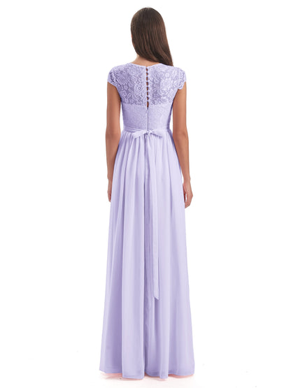 Yamileth A-line Floor Length Cap Sleeves Illusion Neckline Lace/Chiffon Long Bridesmaid Dresses