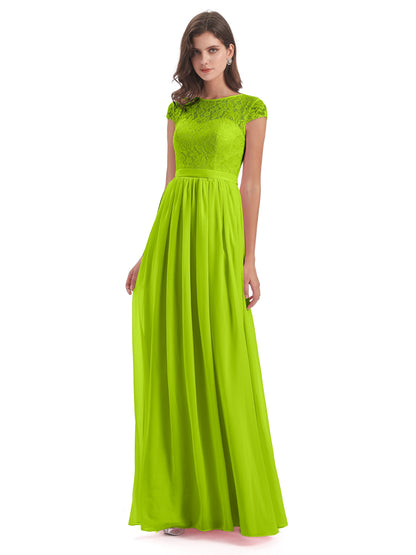 Yamileth A-line Floor Length Cap Sleeves Illusion Neckline Lace/Chiffon Long Bridesmaid Dresses