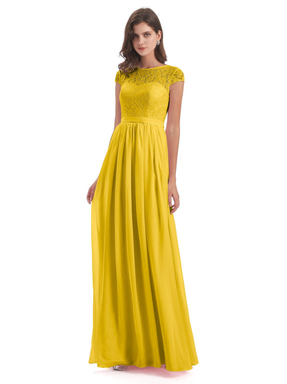 Yamileth A-line Floor Length Cap Sleeves Illusion Neckline Lace/Chiffon Long Bridesmaid Dresses