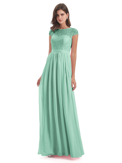Yamileth A-line Floor Length Cap Sleeves Illusion Neckline Lace/Chiffon Long Bridesmaid Dresses