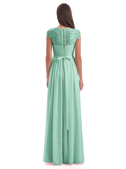 Yamileth A-line Floor Length Cap Sleeves Illusion Neckline Lace/Chiffon Long Bridesmaid Dresses