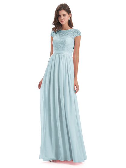 Yamileth A-line Floor Length Cap Sleeves Illusion Neckline Lace/Chiffon Long Bridesmaid Dresses
