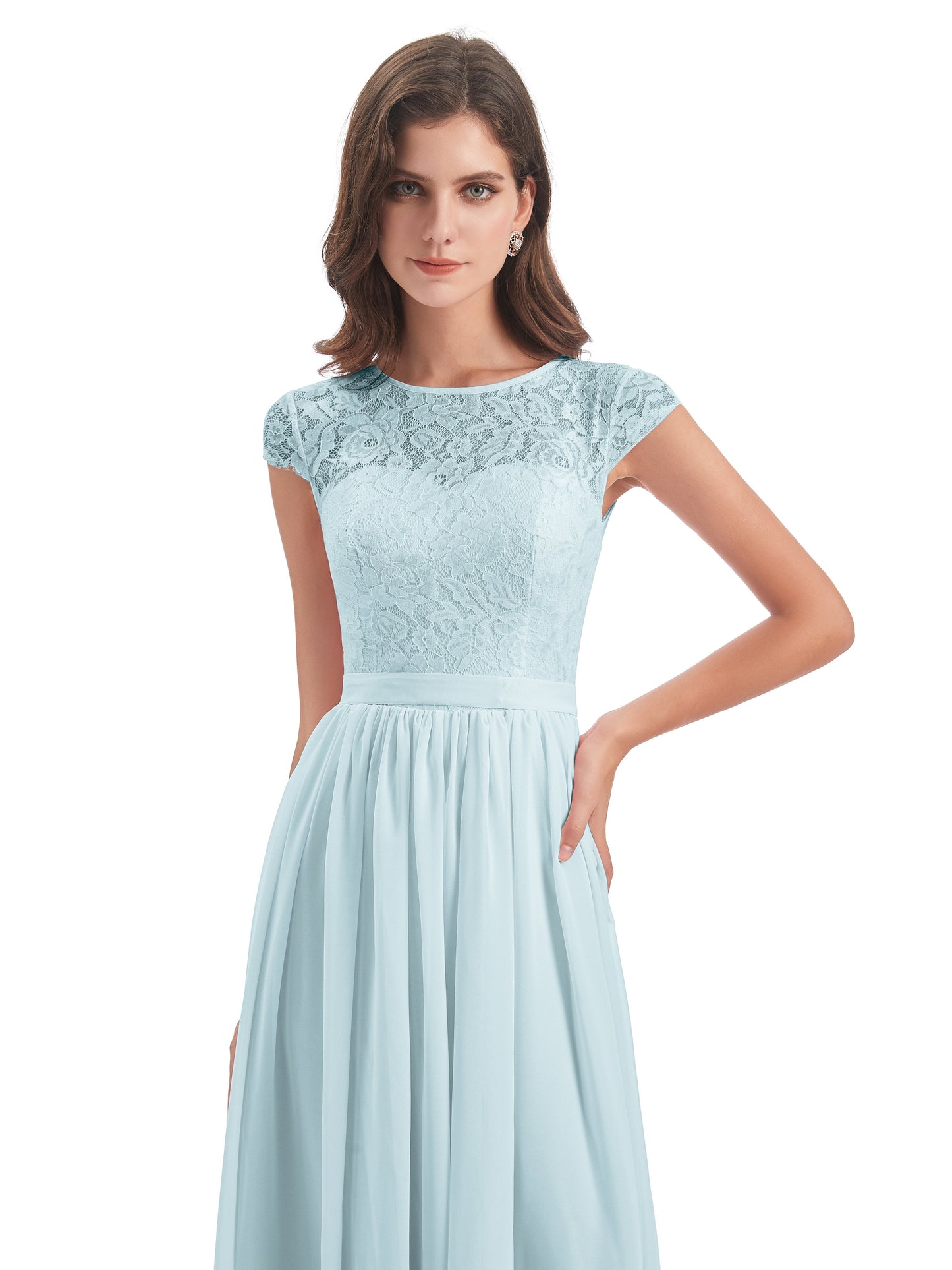 Yamileth A-line Floor Length Cap Sleeves Illusion Neckline Lace/Chiffon Long Bridesmaid Dresses