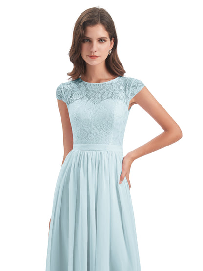 Yamileth A-line Floor Length Cap Sleeves Illusion Neckline Lace/Chiffon Long Bridesmaid Dresses