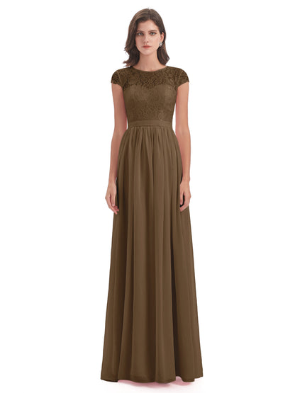 Yamileth A-line Floor Length Cap Sleeves Illusion Neckline Lace/Chiffon Long Bridesmaid Dresses
