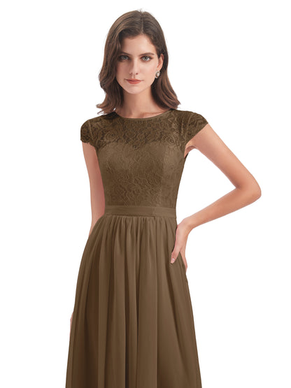 Yamileth A-line Floor Length Cap Sleeves Illusion Neckline Lace/Chiffon Long Bridesmaid Dresses