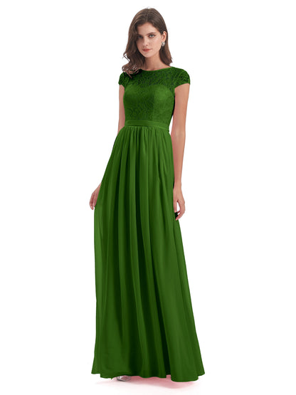 Yamileth A-line Floor Length Cap Sleeves Illusion Neckline Lace/Chiffon Long Bridesmaid Dresses