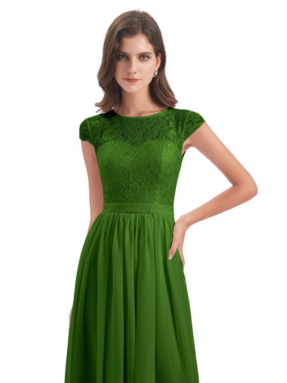 Yamileth A-line Floor Length Cap Sleeves Illusion Neckline Lace/Chiffon Long Bridesmaid Dresses