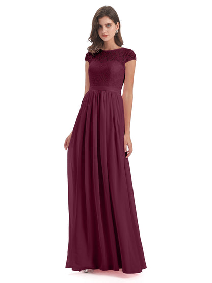 Yamileth A-line Floor Length Cap Sleeves Illusion Neckline Lace/Chiffon Long Bridesmaid Dresses