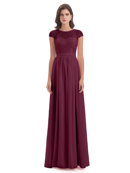 Yamileth A-line Floor Length Cap Sleeves Illusion Neckline Lace/Chiffon Long Bridesmaid Dresses
