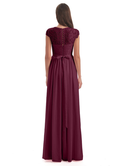 Yamileth A-line Floor Length Cap Sleeves Illusion Neckline Lace/Chiffon Long Bridesmaid Dresses