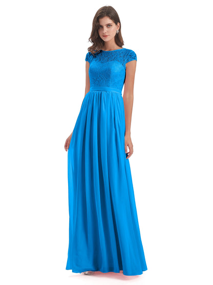 Yamileth A-line Floor Length Cap Sleeves Illusion Neckline Lace/Chiffon Long Bridesmaid Dresses