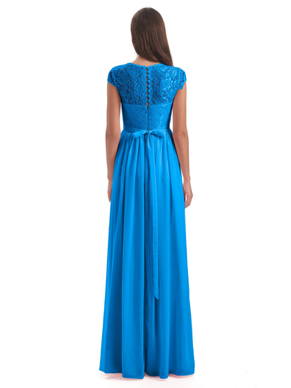 Yamileth A-line Floor Length Cap Sleeves Illusion Neckline Lace/Chiffon Long Bridesmaid Dresses