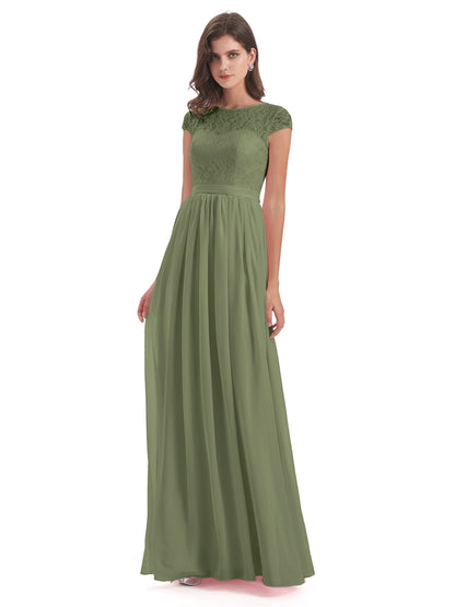 Yamileth A-line Floor Length Cap Sleeves Illusion Neckline Lace/Chiffon Long Bridesmaid Dresses