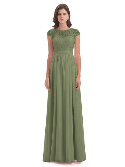 Yamileth A-line Floor Length Cap Sleeves Illusion Neckline Lace/Chiffon Long Bridesmaid Dresses