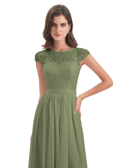 Yamileth A-line Floor Length Cap Sleeves Illusion Neckline Lace/Chiffon Long Bridesmaid Dresses