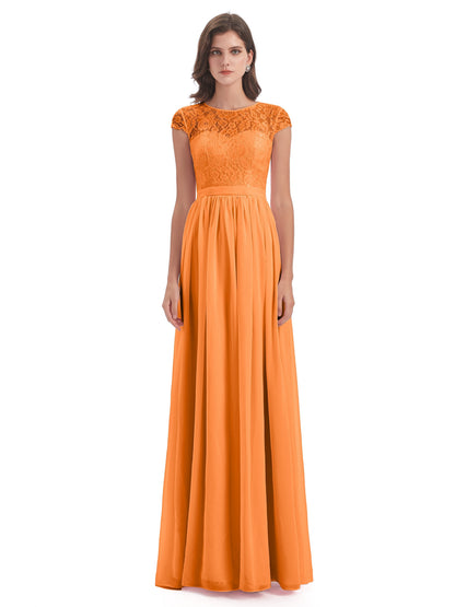 Yamileth A-line Floor Length Cap Sleeves Illusion Neckline Lace/Chiffon Long Bridesmaid Dresses