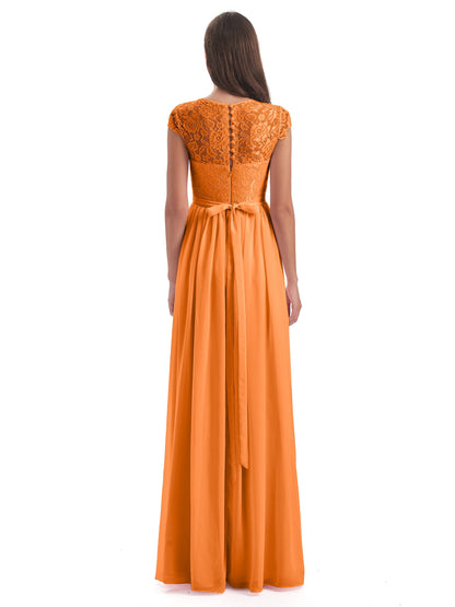 Yamileth A-line Floor Length Cap Sleeves Illusion Neckline Lace/Chiffon Long Bridesmaid Dresses