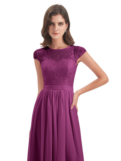 Yamileth A-line Floor Length Cap Sleeves Illusion Neckline Lace/Chiffon Long Bridesmaid Dresses