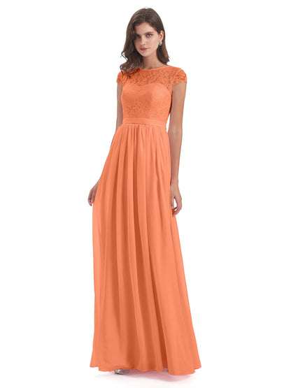 Yamileth A-line Floor Length Cap Sleeves Illusion Neckline Lace/Chiffon Long Bridesmaid Dresses