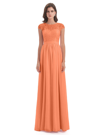Yamileth A-line Floor Length Cap Sleeves Illusion Neckline Lace/Chiffon Long Bridesmaid Dresses