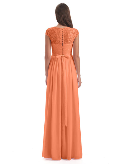 Yamileth A-line Floor Length Cap Sleeves Illusion Neckline Lace/Chiffon Long Bridesmaid Dresses