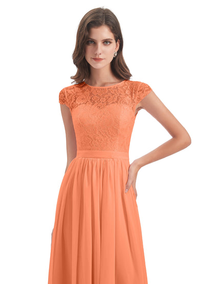 Yamileth A-line Floor Length Cap Sleeves Illusion Neckline Lace/Chiffon Long Bridesmaid Dresses