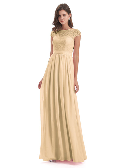 Yamileth A-line Floor Length Cap Sleeves Illusion Neckline Lace/Chiffon Long Bridesmaid Dresses