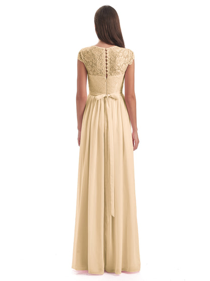 Yamileth A-line Floor Length Cap Sleeves Illusion Neckline Lace/Chiffon Long Bridesmaid Dresses