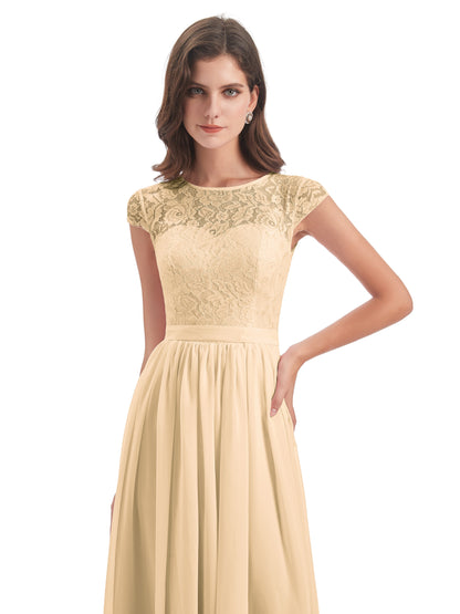 Yamileth A-line Floor Length Cap Sleeves Illusion Neckline Lace/Chiffon Long Bridesmaid Dresses