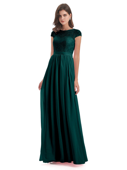 Yamileth A-line Floor Length Cap Sleeves Illusion Neckline Lace/Chiffon Long Bridesmaid Dresses