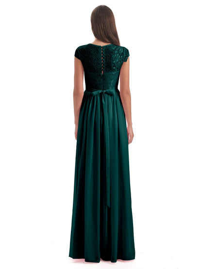 Yamileth A-line Floor Length Cap Sleeves Illusion Neckline Lace/Chiffon Long Bridesmaid Dresses