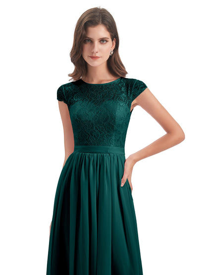 Yamileth A-line Floor Length Cap Sleeves Illusion Neckline Lace/Chiffon Long Bridesmaid Dresses