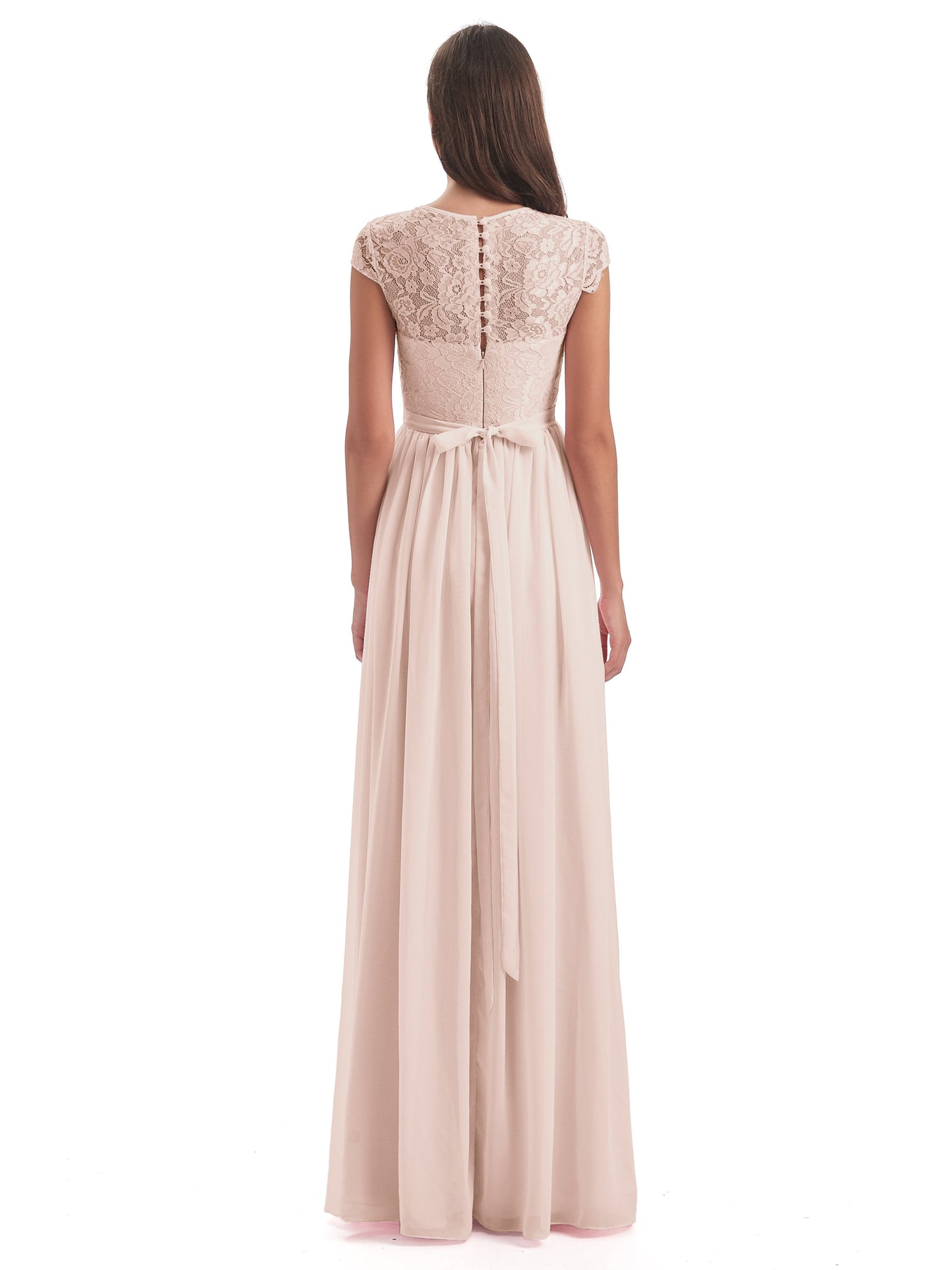 Yamileth A-line Floor Length Cap Sleeves Illusion Neckline Lace/Chiffon Long Bridesmaid Dresses