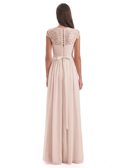 Yamileth A-line Floor Length Cap Sleeves Illusion Neckline Lace/Chiffon Long Bridesmaid Dresses