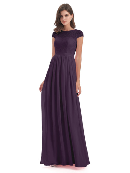 Yamileth A-line Floor Length Cap Sleeves Illusion Neckline Lace/Chiffon Long Bridesmaid Dresses